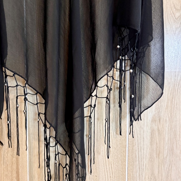 Black Sheer Silver Bead Fringe Scarf Wrap 2000s - Picture 5 of 7
